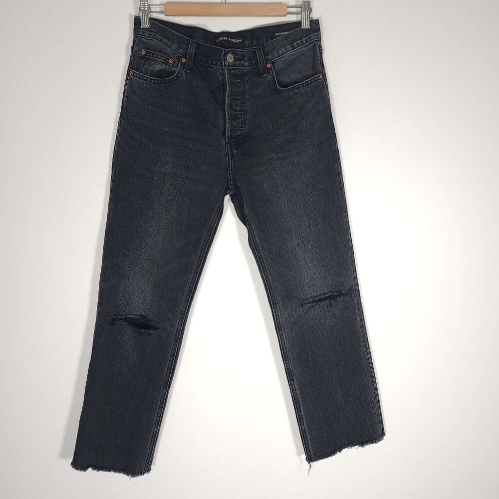 Aritzia Denim Forum Patti Mid Rise Straight Black Jeans Distressed Sz 26
